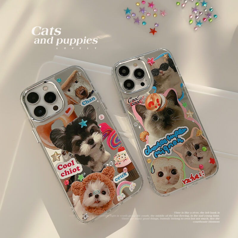 Mirror Cat Dog Star Rhinestones iPhone Case 1