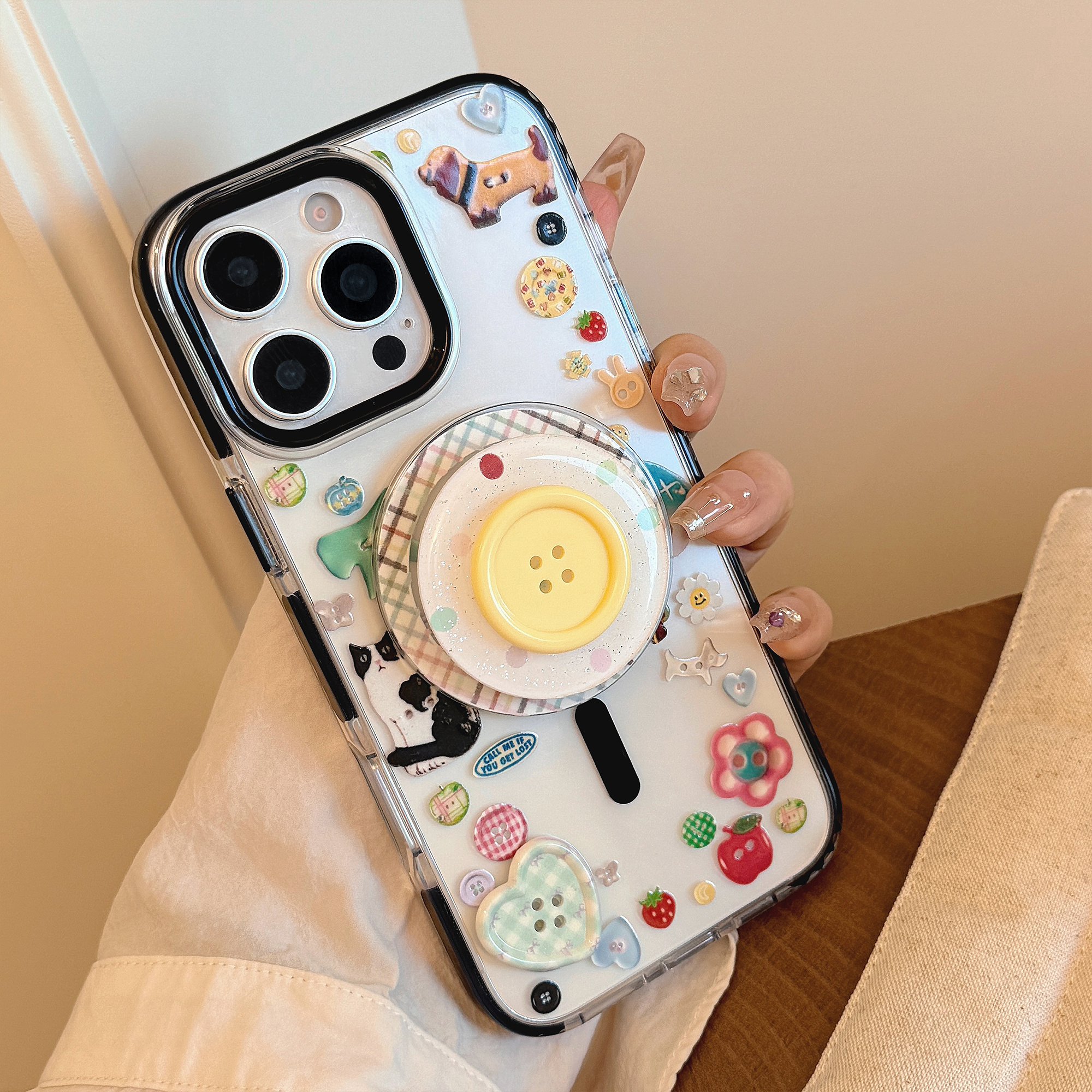 Cartoon Animal Graffiti 3D Buttons Stand iPhone Case-8