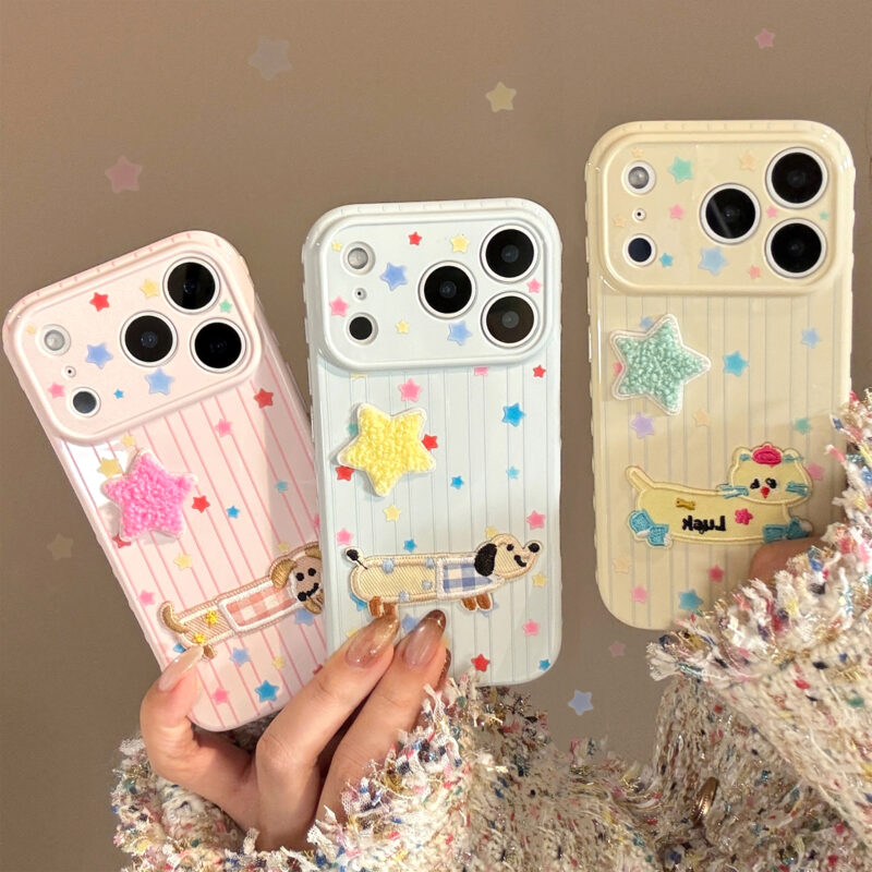 3D Plush Star Puppy Kitty Striped Soft iPhone Case-1
