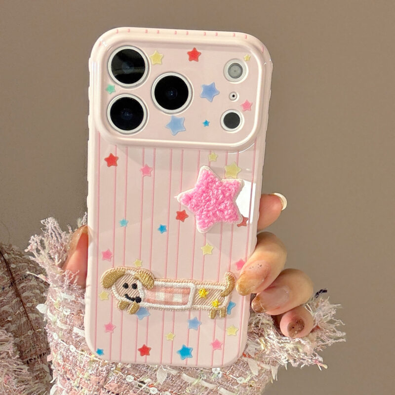 3D Plush Star Puppy Kitty Striped Soft iPhone Case-3