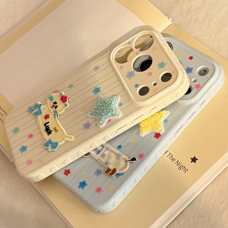 3D Plush Star Puppy Kitty Striped Soft iPhone Case-4