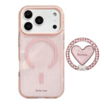 Clear Pink Brown Stripe Heart Stand iPhone Case