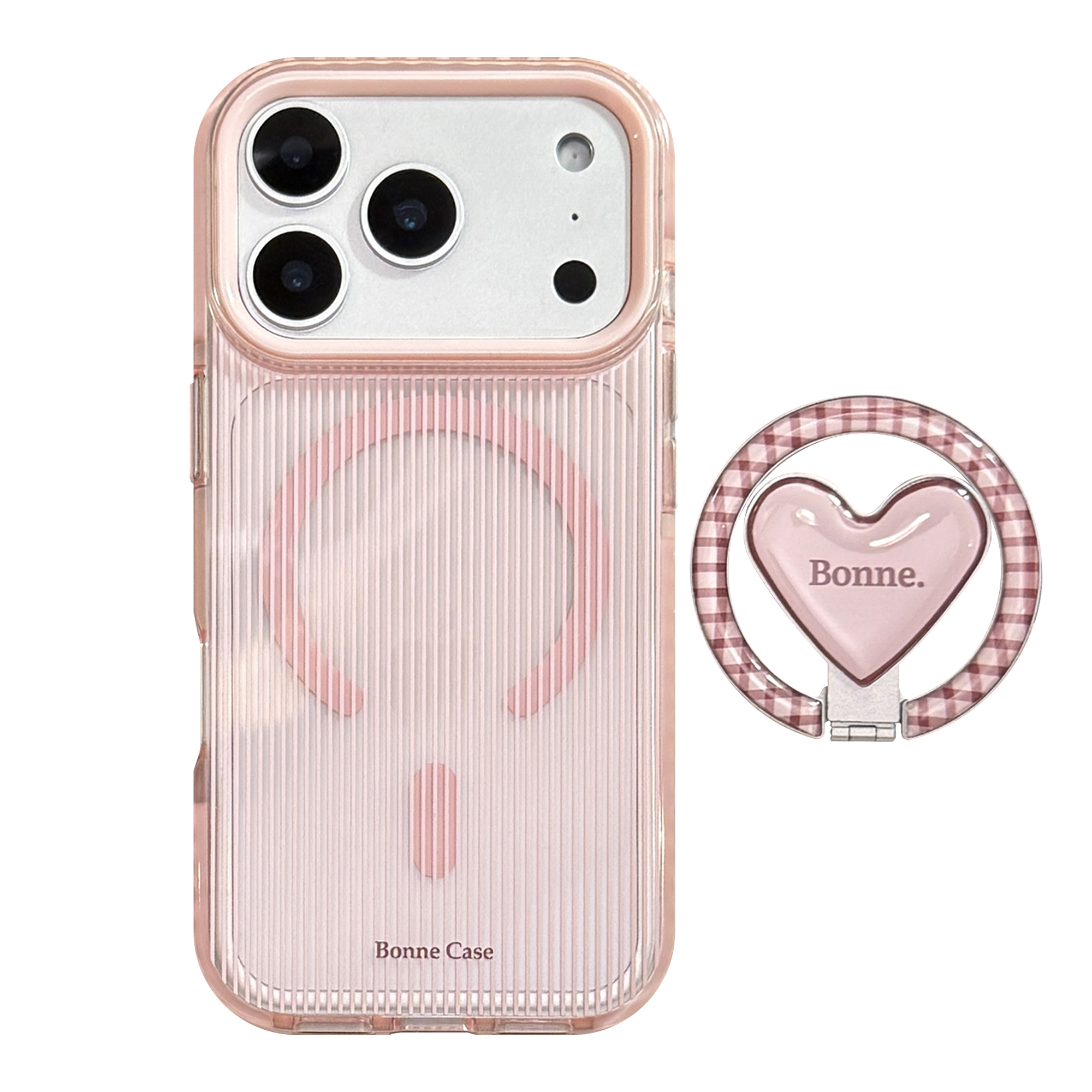 Clear Pink Brown Stripe Heart Stand iPhone Case-0