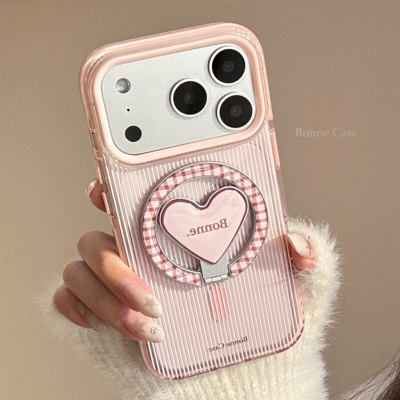 Clear Pink Brown Stripe Heart Stand iPhone Case-1
