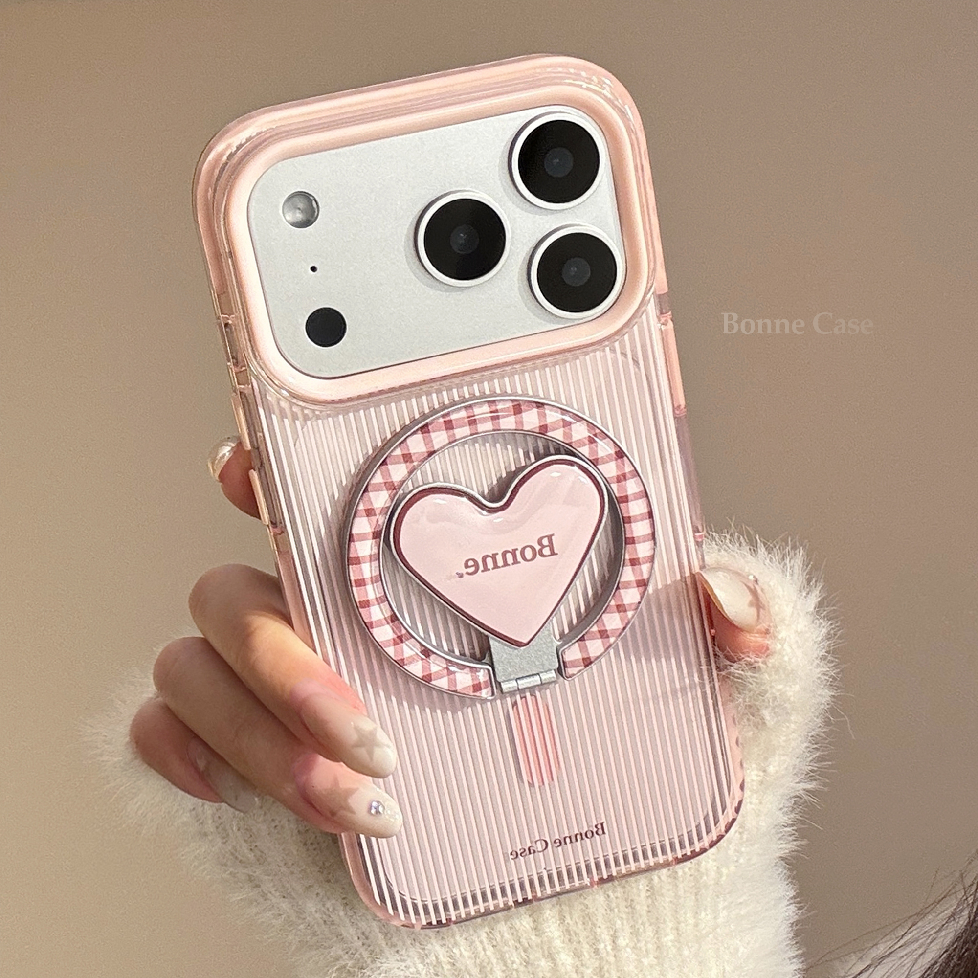 Clear Pink Brown Stripe Heart Stand iPhone Case-1