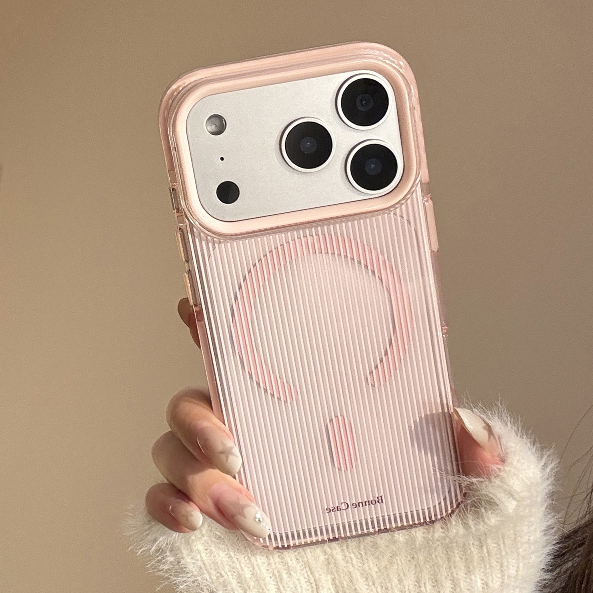 Clear Pink Brown Stripe Heart Stand iPhone Case-11