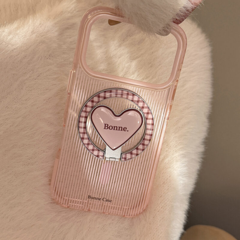 Clear Pink Brown Stripe Heart Stand iPhone Case-12