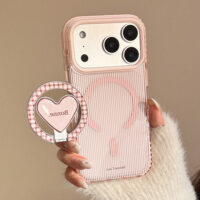 Clear Pink Brown Stripe Heart Stand iPhone Case - Image 3