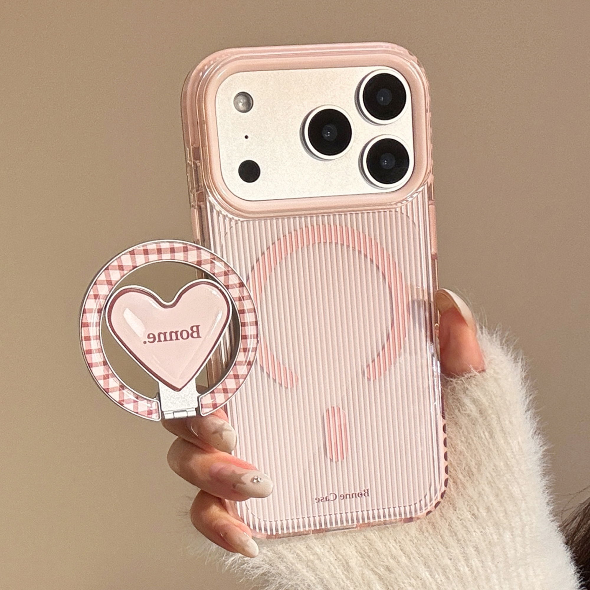 Clear Pink Brown Stripe Heart Stand iPhone Case-2