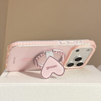 Clear Pink Brown Stripe Heart Stand iPhone Case - Image 4