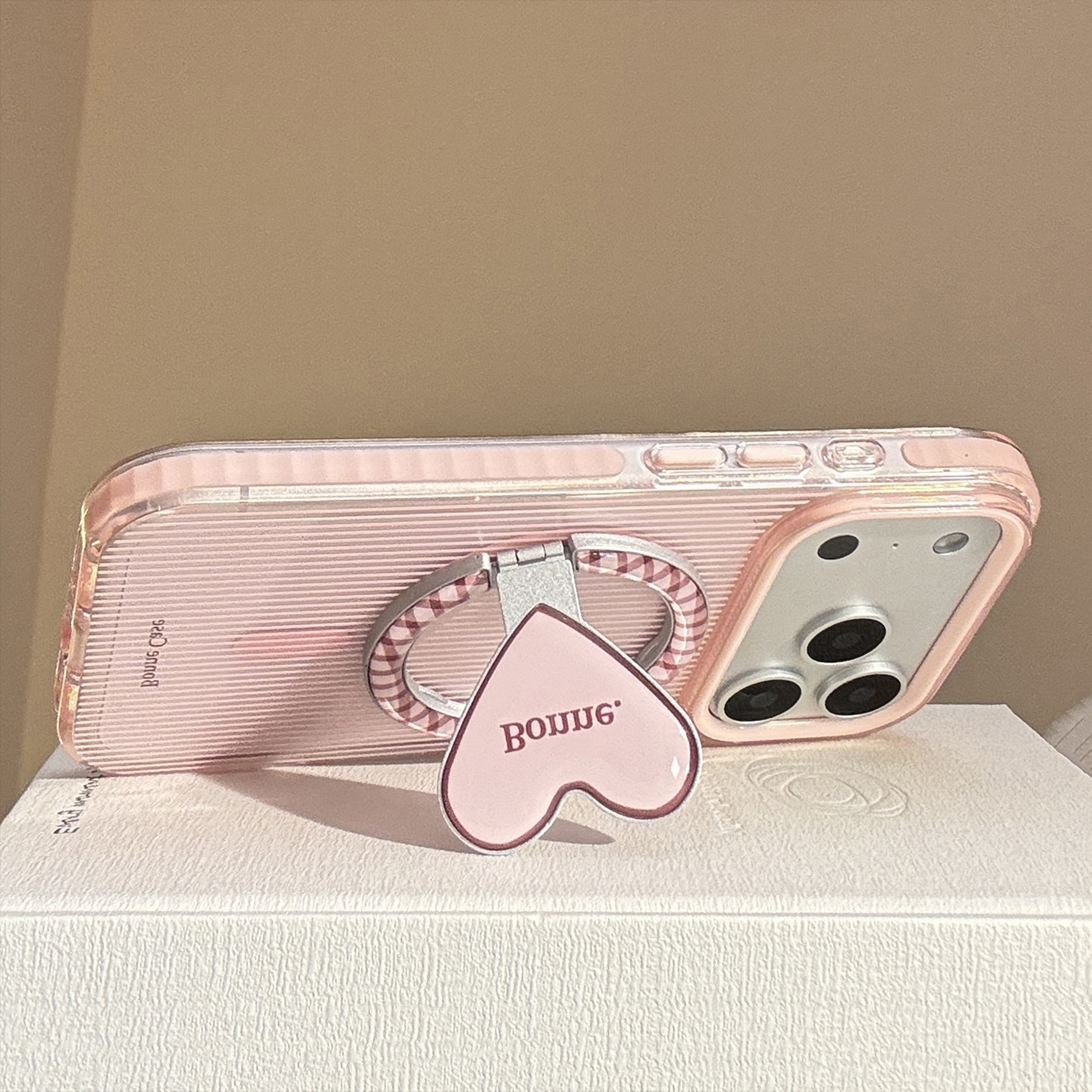 Clear Pink Brown Stripe Heart Stand iPhone Case-4