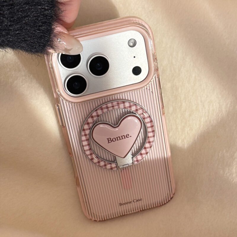 Clear Pink Brown Stripe Heart Stand iPhone Case-6