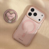 Clear Pink Brown Stripe Heart Stand iPhone Case - Image 5