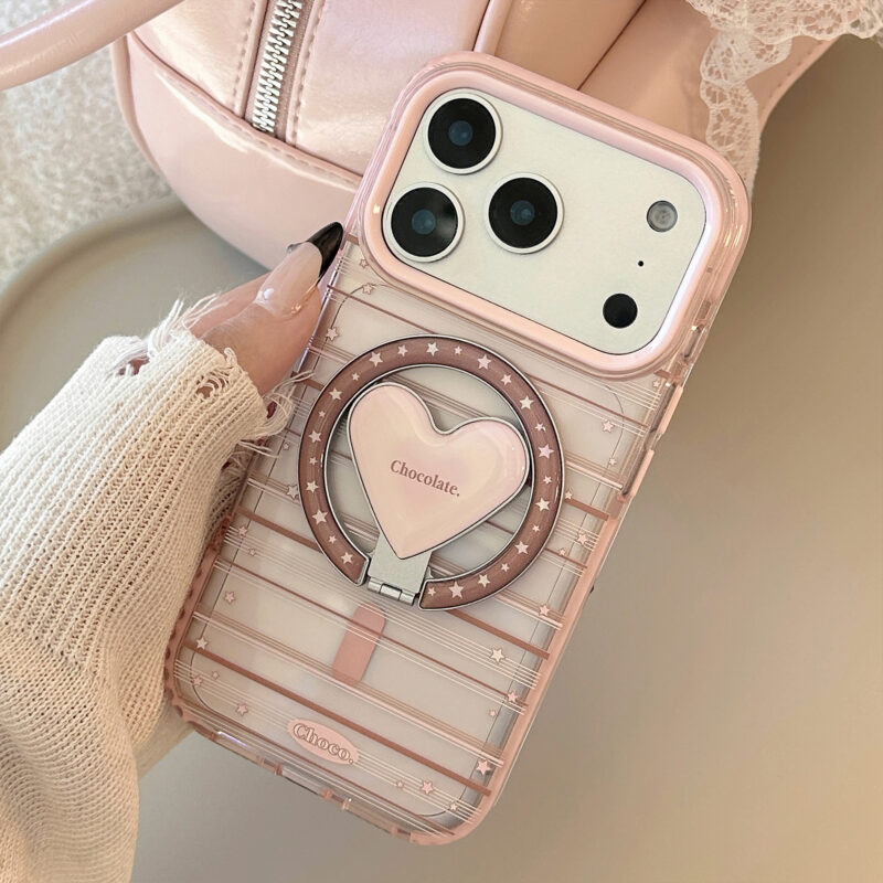 Pink Brown Stripes Heart Stand iPhone Case-4
