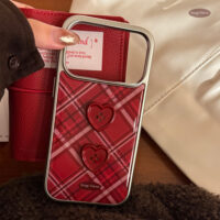 Vintage Burgundy Plaid Red Heart Button iPhone Case - Image 3