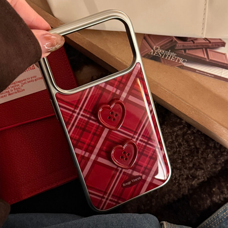 Vintage Burgundy Plaid Red Heart Button iPhone Case-10