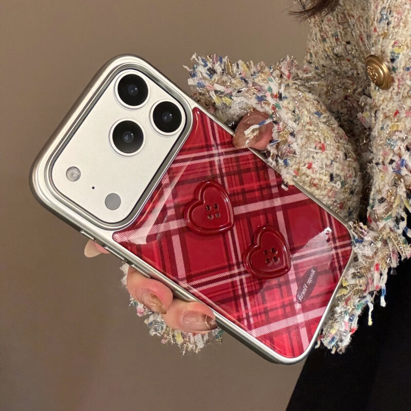 Vintage Burgundy Plaid Red Heart Button iPhone Case-12