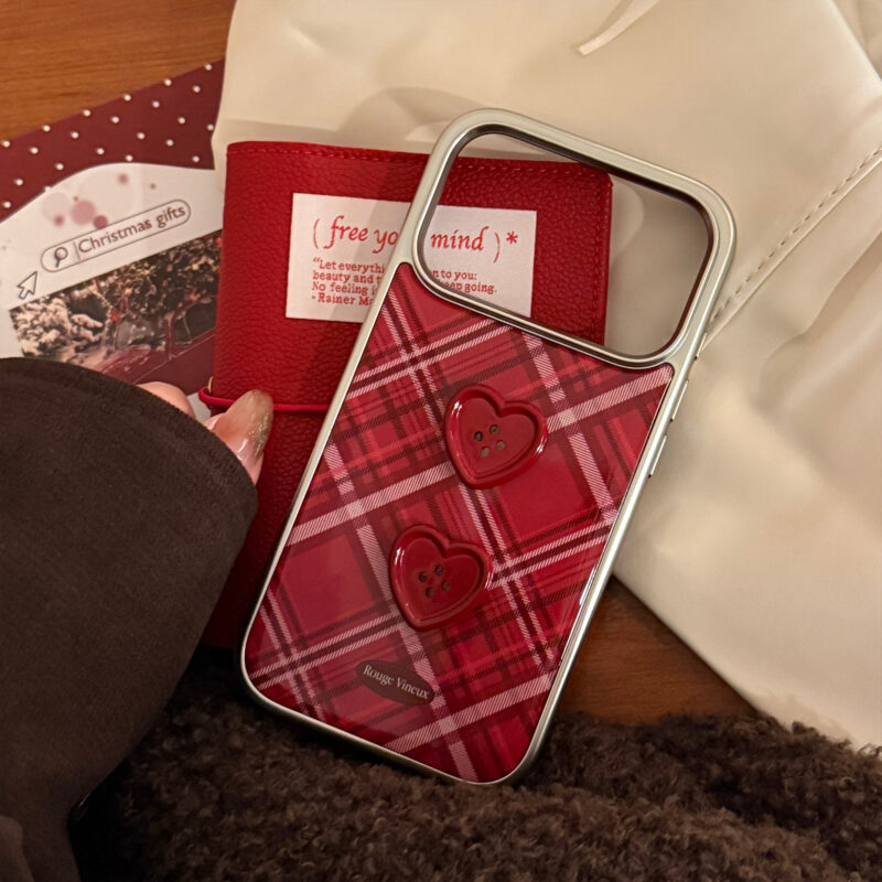Vintage Burgundy Plaid Red Heart Button iPhone Case-13