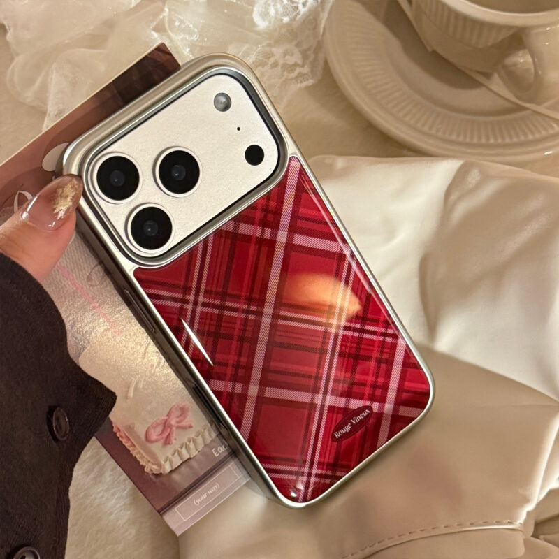 Vintage Burgundy Plaid Red Heart Button iPhone Case-17