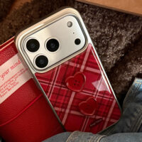 Vintage Burgundy Plaid Red Heart Button iPhone Case - Image 2