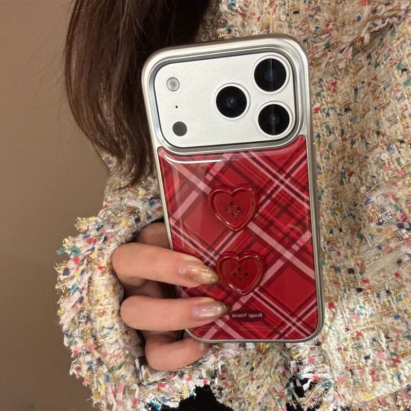 Vintage Burgundy Plaid Red Heart Button iPhone Case-5