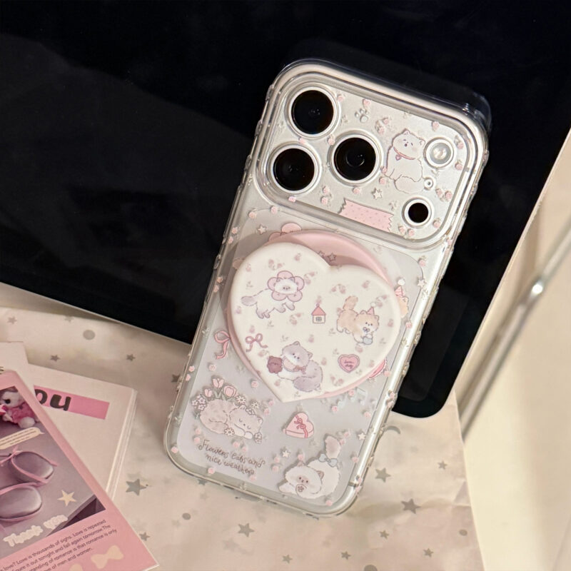 Clear Cute Pink Floral Cat Paradise Stand iPhone Case-12
