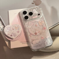 Clear Cute Pink Floral Cat Paradise Stand iPhone Case - Image 6