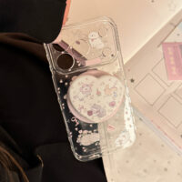 Clear Cute Pink Floral Cat Paradise Stand iPhone Case - Image 2
