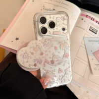 Clear Cute Pink Floral Cat Paradise Stand iPhone Case - Image 3