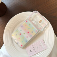 Cute Pastel Polka Dot Bear Cat Clear iPhone Case - Image 3